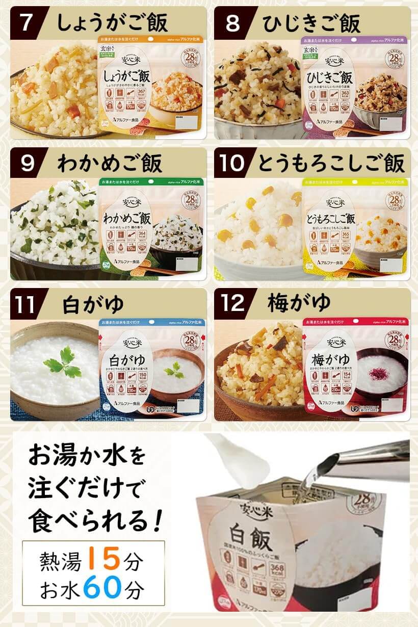 IPIC SONAE、安心米12種、国産米、5年間の長期保存、特定原材料等28品目不使用、お湯か水を注ぐだけで食べられる