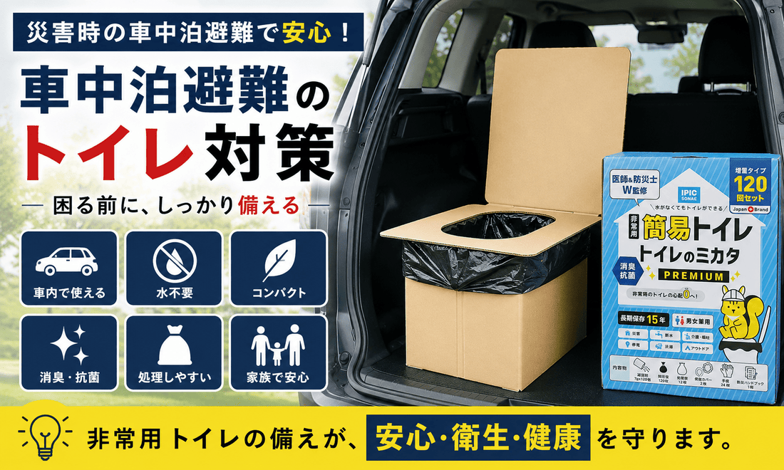 車中泊避難に備える非常用トイレ「トイレのミカタ」と車内で使えるダンボールトイレのイメージ