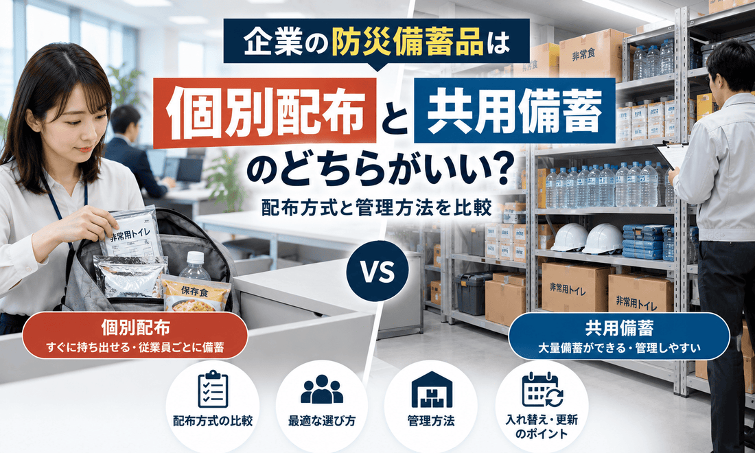企業の防災備蓄品の個別配布と共用備蓄を比較した画像。従業員ごとの防災用品の配備と、オフィスの共用備蓄棚での一括管理を対比し、配布方式と管理方法の違いを紹介