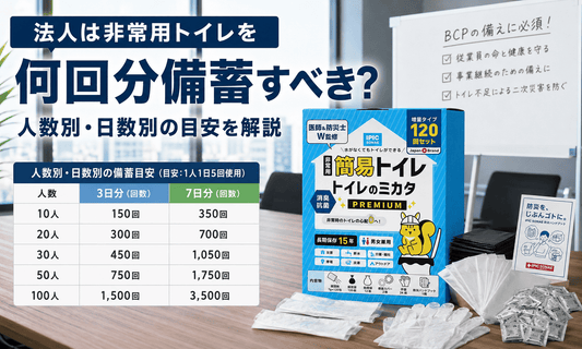 法人向け非常用トイレの備蓄目安。人数別・日数別の必要回数と「トイレのミカタ PREMIUM」のイメージ