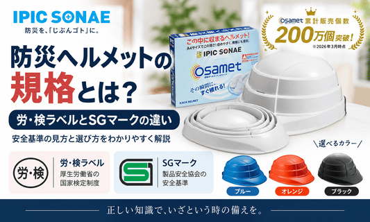 防災ヘルメットの安全規格を解説する画像。労・検ラベルとSGマークの違い、折りたたみヘルメット「オサメット」のホワイト・ブラック・ブルー・オレンジを紹介