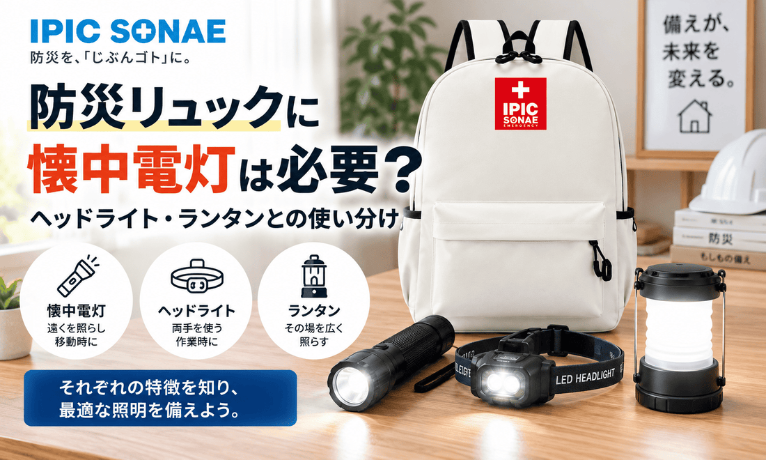 防災リュックの懐中電灯・ヘッドライト・ランタンの使い分けを解説するイメージ