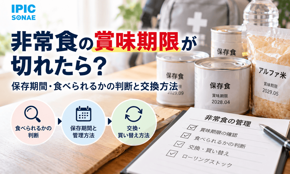 非常食の賞味期限切れへの対応を解説するIPIC SONAEのガイド画像。保存食やアルファ米、賞味期限の確認表を配置し、食べられるかの判断・期限管理・交換方法を紹介