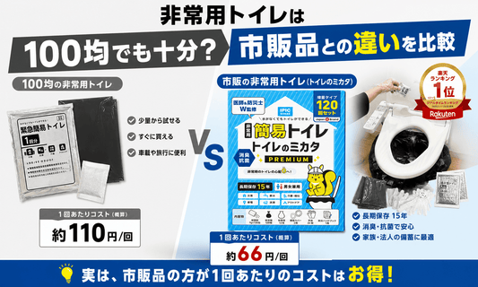 非常用トイレは100均でも十分かを比較。100均と市販品の1回あたりのコストや保存期間、性能の違いが分かる比較画像
