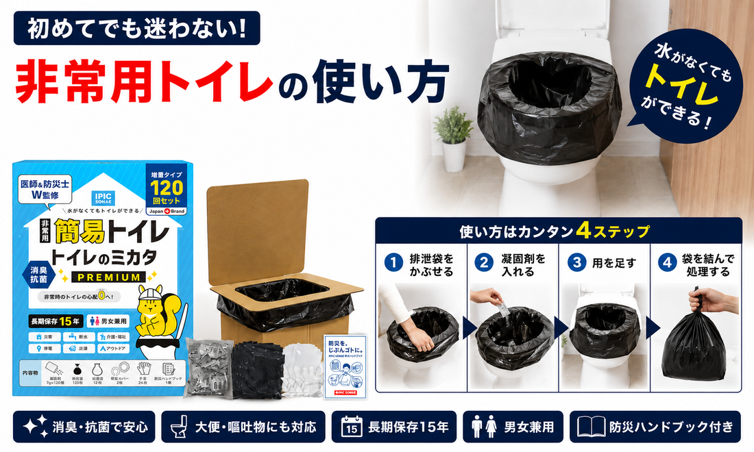 非常用トイレの使い方を4ステップで解説したガイド画像。排泄袋の取り付けから凝固剤の使用方法、処理方法まで紹介。