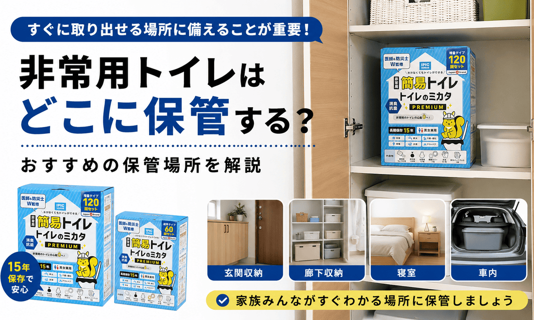 玄関収納や寝室など非常用トイレのおすすめ保管場所を解説するトイレのミカタPREMIUMのイメージ
