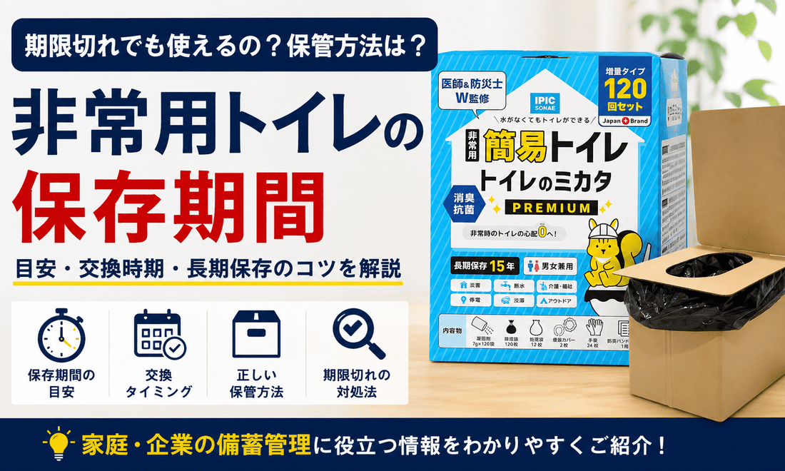 15年保存の非常用トイレの保存期間や交換時期、正しい保管方法を解説するIPIC SONAEの記事メイン画像