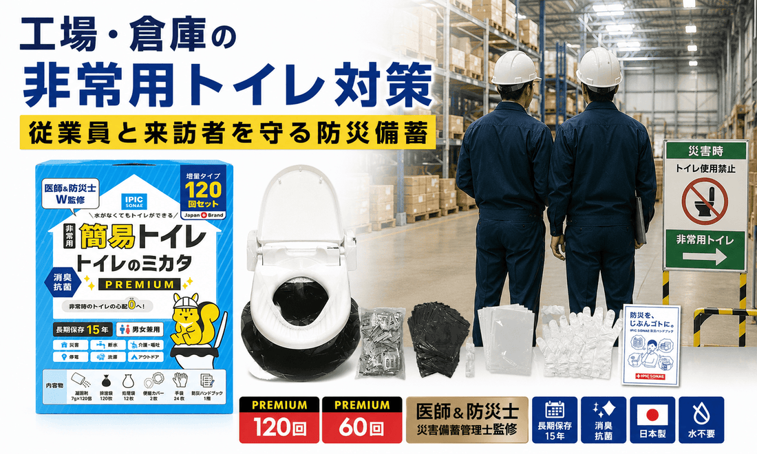 工場・倉庫での非常用トイレ対策として、従業員と来訪者向けの防災備蓄をイメージした「トイレのミカタ」非常用トイレセット