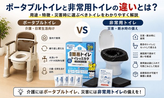 ポータブルトイレと非常用トイレの違いを比較したイメージ。介護用ポータブルトイレと災害・断水時に使用する非常用トイレ「トイレのミカタ」の用途や特徴を解説。