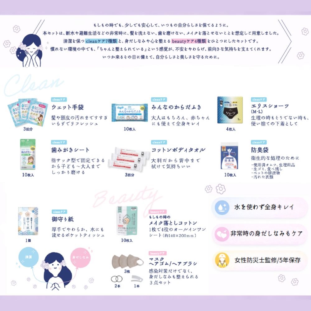 キレイナ 水のいらない全身キレイセットPure 女性向け 災害時・断水時に水不要で全身清潔ケア 日本製
