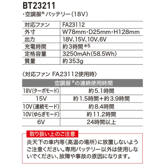 防災 空調服®︎専用バッテリー 18V BT23211