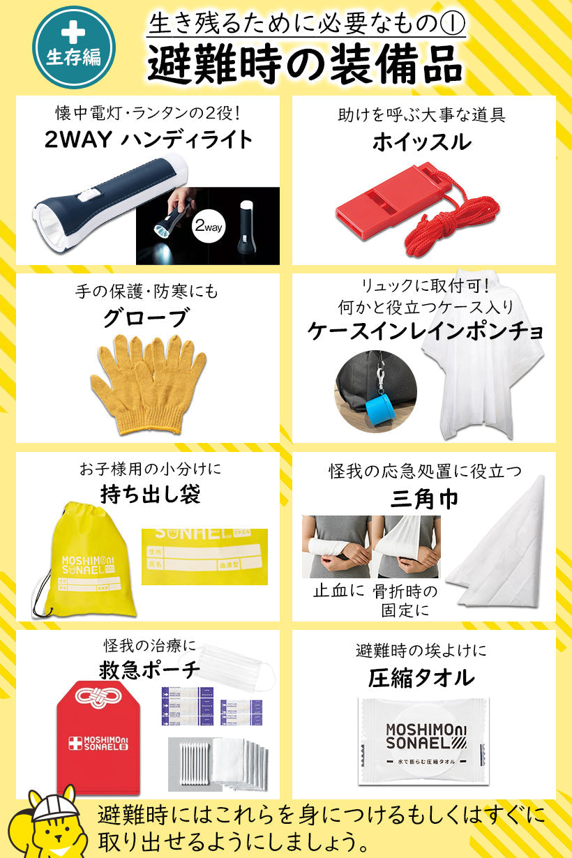 防災リュックセットの内容紹介、避難時の装備品